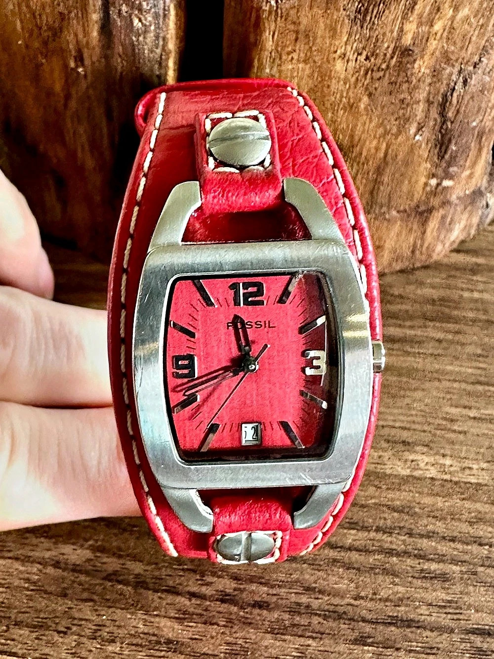 Vintage Women’s Fossil Red Leather Cuff Watch